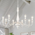 Distressed White French Country Chandelier 8 Lights Rustic Farmhouse Chandelier for Dining Room Light Fixture Candle Pendant Lights Handmade Wood Chandeliers for Living Room Bedrooms Kitchen