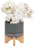 Sagebrook Home Ceramic Planter with Bamboo Wood Stand - Decorative Stoneware Pot for Indoor & Outdoor Plants - Modern Home & Garden Decor - 8" Green