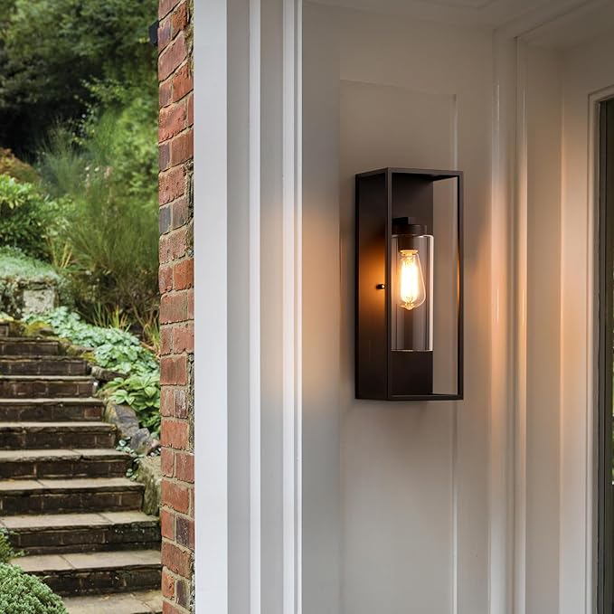 mirrea 18" Classic Outdoor Wall Sconce 1 Light in Cylinder Glass Shade and Matte Black Rectangular Metal Frame Waterproof Porch Light Patio Light Pack of 2