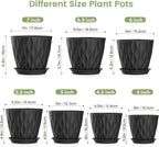 7/6.5/6/5.5/5/4.5/4 inch Plant Pots for Indoor Outdoor Plants, 7 Pack Thick Flower Pots with Drainage Holes and Saucers, Modern Wave Texture Plastic Planter Pots for Nursery, Succulent, Black