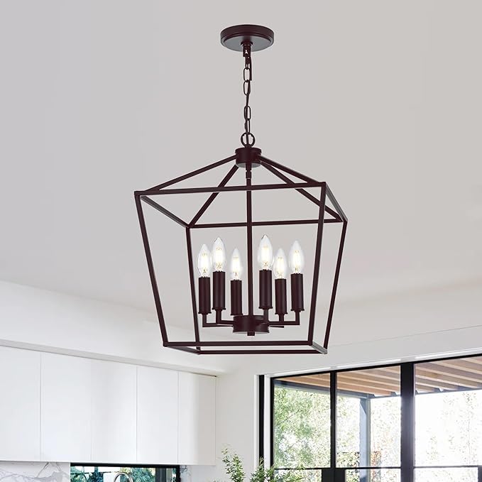 MELUCEE 16 Inches Farmhouse Chandelier 6-Light Oil Rubbed Bronze Cage Hanging Lights Rustic Lantern Pendant Lighting for Kitchen Island Dining Room Foyer Hallway, E12 Base