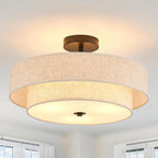 Modern Semi Flush Mount Ceiling Light 18" Modern 3-Lights Black Drum Ceiling Lighting Fixture with Linen Shade Vintage Ceiling Lamp for Kitchen, Basement, Laundry Room, Bedroom