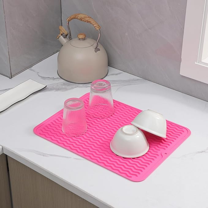 Silicone Dish Drying Mat for Multiple Usage,Easy clean,Eco-friendly,Heat-resistant Silicone Mat for Kitchen Counter or Sink,Refrigerator or drawer liner Rose L 16 inches x 12 inches