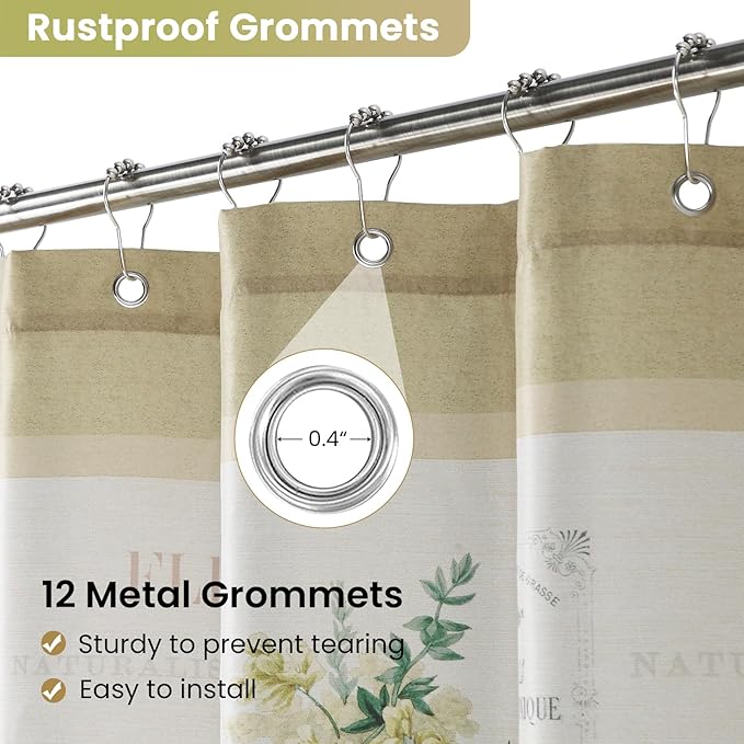 Fabric Shower Curtain, Country Vintage Floral Shower Curtain, Gold and Green Flower Shower Curtains for Bathroom, Waterproof Bathroom Curtains, 72" W x 72" H