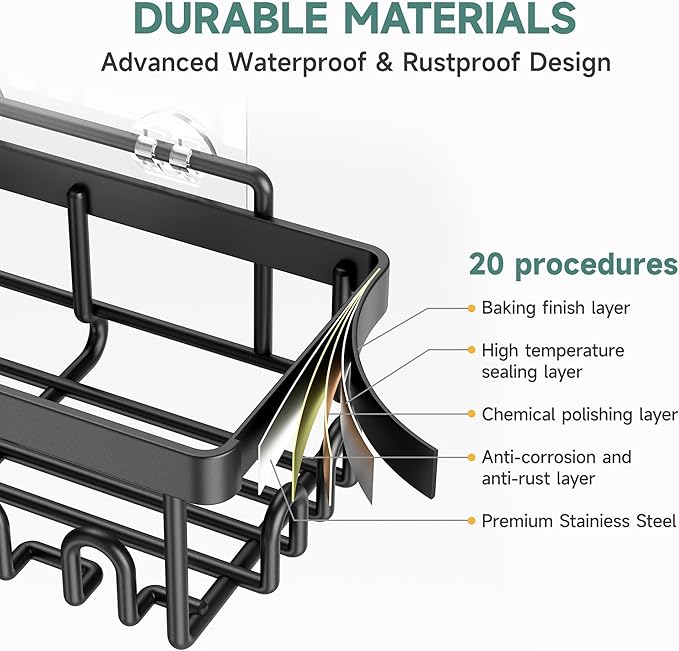 Veken Rustproof&Waterproof Shower Caddy 5-Pack, No Drilling Adhesive Wall Mounted Shower Shelves Rack, Heavy Weight Bearing, Large Organizer Storage Accessories, Ideal for Bathroom,Home&Kitchen, Black