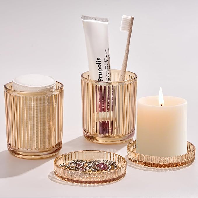 Bathroom Storage Organizer - 2 Pack Glass Qtip Holder Dispenser, Vanity Organizer, Bathroom Essentials Decor Canister for Cotton Swabs, Cotton Balls, Pads, Floss Picks (Amber)