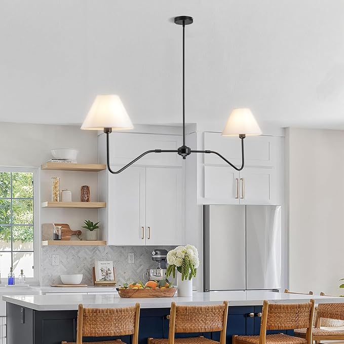 2-Light Modern Linear Chandelier for Dining Room, 55 Inch Farmhouse Kitchen Island Lighting with White Fabric Shades, Hanging Lighting Fixtures for Living Room Bedroom