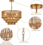 19.7" Hand-Woven Rattan Chandelier Vintage Farmhouse 6-Lights Boho Bamboo Chandeliers Light Fixture Retro Drum Wicker Rattan Golden Chandelier for Dining Room, Kitchen Island, Bedroom, E12