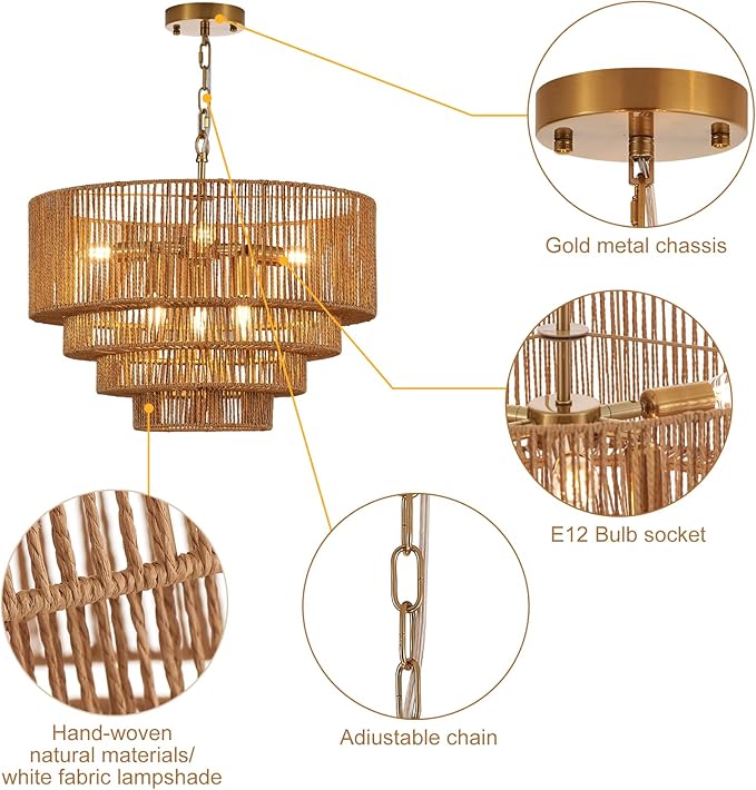 19.7" Hand-Woven Rattan Chandelier Vintage Farmhouse 6-Lights Boho Bamboo Chandeliers Light Fixture Retro Drum Wicker Rattan Golden Chandelier for Dining Room, Kitchen Island, Bedroom, E12
