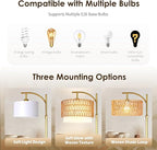 Bohemian Rattan Floor Lamp for Living Room - Golden Arc Design, 12W LED (1 in use + 1 Spare), Remote & Dimmable 3 - Color Temp, Tall Standing Lamp
