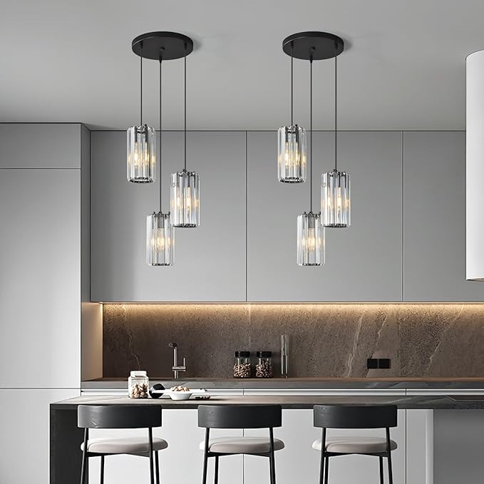 Black Pendant Lighting Modern Pendant Light, Mini Crystal Chandeliers,Adjustable Pendant Light Fixture for Kitchen Island Dinning Room Corridor Bedroom(Black 3-Light)
