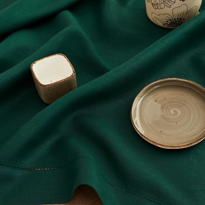 Solino Home Linen Rainforest Green Hemstitch Table Runner 36 Inches - 100% Pure Linen Small Table Runner 14 x 36 Inch Ideal for Dresser and Coffee Tables - Classic Hemstitch - Christmas, Thanksgiving