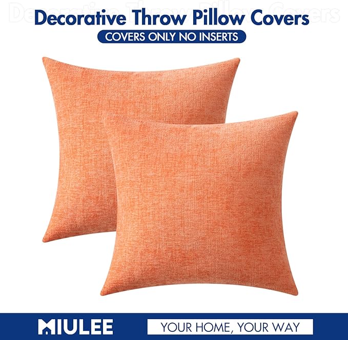 MIULEE Pack of 2 Couch Throw Pillow Covers 20x20 Inch Soft Coral Red Chenille Pillow Covers for Sofa Living Room Solid Dyed Pillow Cases