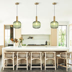 KCO Lighting Vintage Green Glass Pendant Light Kitchen Island Lighting Farmhouse Ribbed Glass Pendant Lighting Large Globe Pendant Light Fixture Brass Gold Single Ceiling Hanging Light