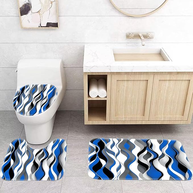 Modern Striped Shower Curtain Set with Waterproof Fabric, 70.8x70.8 Inches, Includes 12 PCS Hooks - Blue, Black, White, Grey Design, Home Bathroom Decor with Rugs and Toilet Lid Cover.