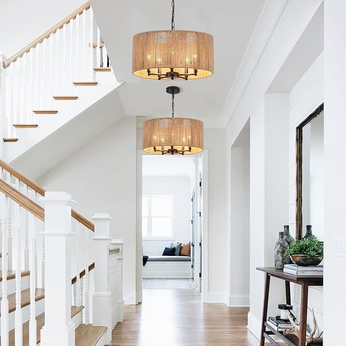 5 Lights Boho Chandelier for Dining Room,19" Hand-Woven Pendant Light Fixture Hanging Rattan Chandelier for Living Room Kitchen Entryway Hallway Foyer, Height Adjustment