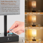 Gray Fully Dimmable Nightstand Lamps Set of 2 - Table Bedside Lamp with USB C+A Charging Ports & 2 AC Outlets, Square Lamp Sets Linen Fabric Shade for Bedroom Living Room(Bulb Included)