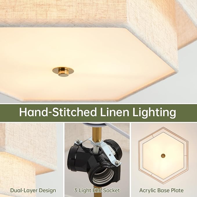 Modern Semi Flush Mount Ceiling Light 15.7" Boho Light Fixture with Linen Shade, Double Drum 3-Light Entryway Pendant Light, Close to Ceiling Light Fixtures for Living Room Bedroom Nursery