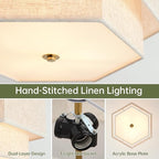 Modern Semi Flush Mount Ceiling Light 15.7" Boho Light Fixture with Linen Shade, Double Drum 3-Light Entryway Pendant Light, Close to Ceiling Light Fixtures for Living Room Bedroom Nursery