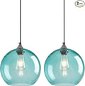 Light Blue Glass Pendant Lights Kitchen Island Globe Pendant Light Fixtures Modern Pendant Lighting for Bedroom Living Dining Room Light Fixture (9.84 in, 2 Pack)
