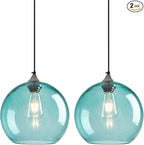 Light Blue Glass Pendant Lights Kitchen Island Globe Pendant Light Fixtures Modern Pendant Lighting for Bedroom Living Dining Room Light Fixture (9.84 in, 2 Pack)