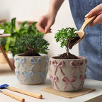 Ceramic Flower Pots for Indoor and Outdoor Plants, Succulent Orchid Round Clay and Terracotta Planter for Garden Home Modern Decoration 5.3 Inch (Pink Bow, Without Saucers)