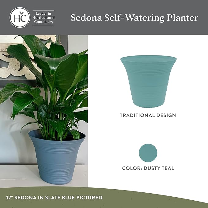 The HC Companies Sedona Round Self-Watering Pot - Lightweight Self Care Planter - Plastic Planter for Herbs & More - Durable Plant Pots for Indoor Plants & Outdoor Plants (7" Dusty Teal, Pack of 4)