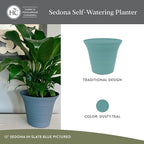 The HC Companies Sedona Round Self-Watering Pot - Lightweight Self Care Planter - Plastic Planter for Herbs & More - Durable Plant Pots for Indoor Plants & Outdoor Plants (7" Dusty Teal, Pack of 4)