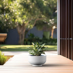 Kante 13.8 Inch Dia Concrete Bowl Planter, Large Tapered Bottom Plant Pot with Drainage, Smooth White Finish with Aqua Blue Interior, Ideal for Porch, Home, Garden, Patio