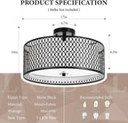 17" Semi Flush Mount Ceiling Light Fixture, Modern 3-Light E26 Double Drum Ceiling Lighting with Matte Black Iron Mesh Cage for Living Room Bedroom Hallway Entryway, Black