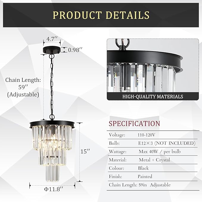 3 Pack Black Crystal Pendant Light for Kitchen Island,Modern Mini Crystal Chandeliers for Dining Room,3 Tiers K9 Ceiling Pendant Light Fixture for Hallway Bedroom Closet