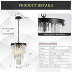 3 Pack Black Crystal Pendant Light for Kitchen Island,Modern Mini Crystal Chandeliers for Dining Room,3 Tiers K9 Ceiling Pendant Light Fixture for Hallway Bedroom Closet