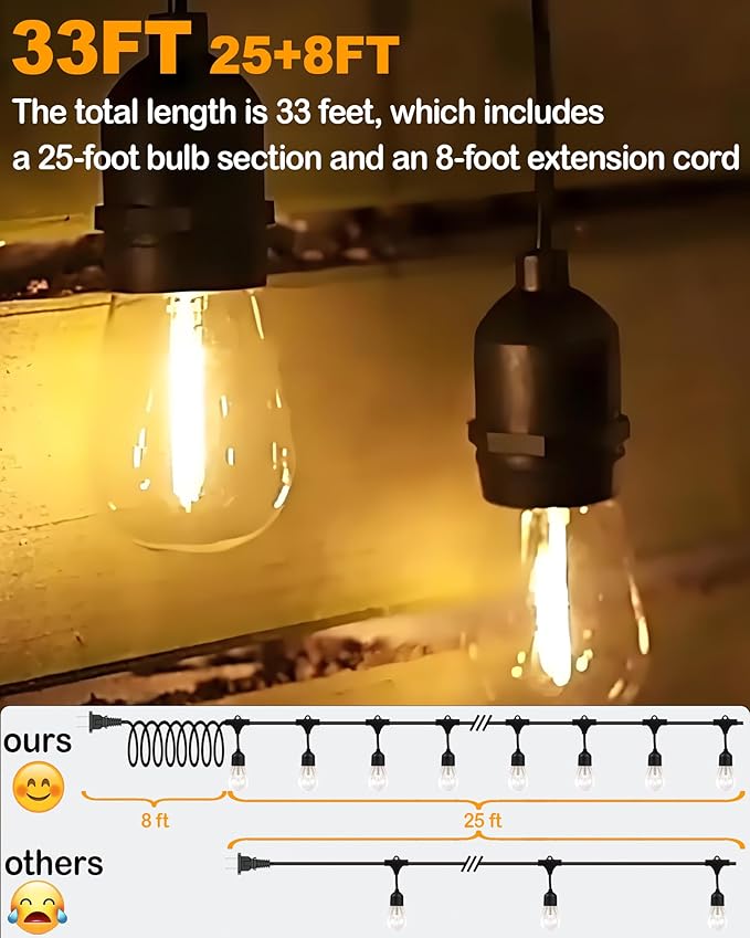 Outdoor String Lights Waterproof with 16 Bulbs 1.6FT Spacing, 25FT Patio Lights, 120V LED Hanging Lights for Porch, Balcony, Gazebo, Yard, Garden, Backyard, Camping and Party Decor