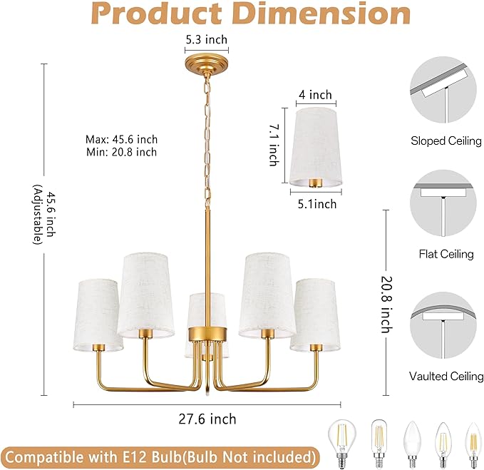 28" Gold Boho Fabric Chandelier for Living Room 5-Light Coastal Farmhouse Chandeliers for Dining Room Adjustable Rustic Boho Pendant Light Fixture Bedroom Kitchen Island Entryway Foyer