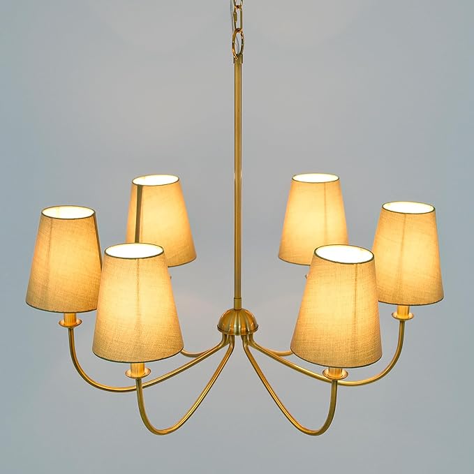 Gold Chandelier, Brushed Brass with Green Fabric Shade, 6-Light 28" Modern Farmhouse Linear Pendant Lighting Fixture for Dining Living Room Kitchen Island Bedroom