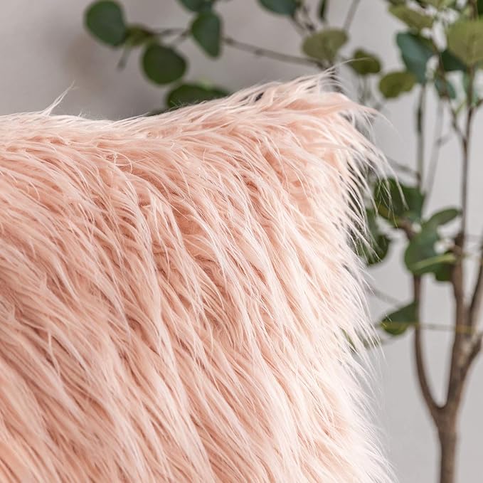 Phantoscope Pack of 2 Faux Fur Throw Pillow Covers Cushion Covers Luxury Soft Decorative Pillowcase Fuzzy Pillow Covers for Bed/Couch, Peachy Pink 18 x 18 Inches