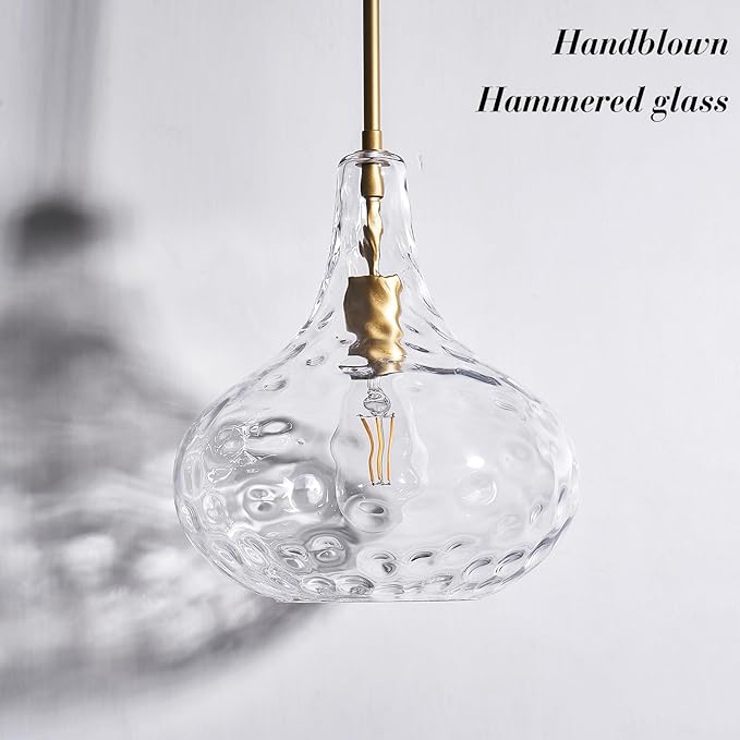 11" Clear Glass Pendant Light – Large Hand-Blown Glass Shade with Hammered Texture and Gold Finish, Adjustable Ceiling Hanging Light for Kitchen Island, Dining Room, Hallway, Living Room