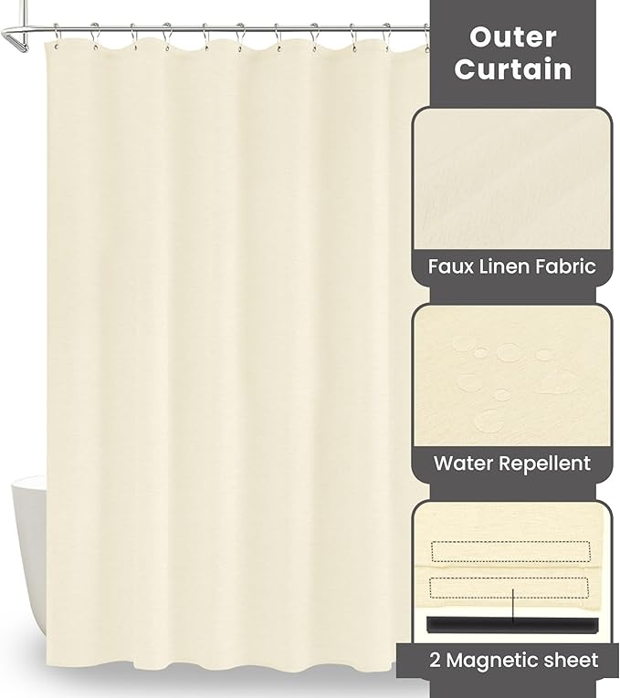 Inhousolu Boho Farmhouse Shower Curtain with Fabric Liner Set, Faux Linen Textured, 14 Metal Hooks Luxury Weighted Hem, Washable Wrinkle Free Bath Curtain for Hotel Bathroom 72" W x 96" L Ivory