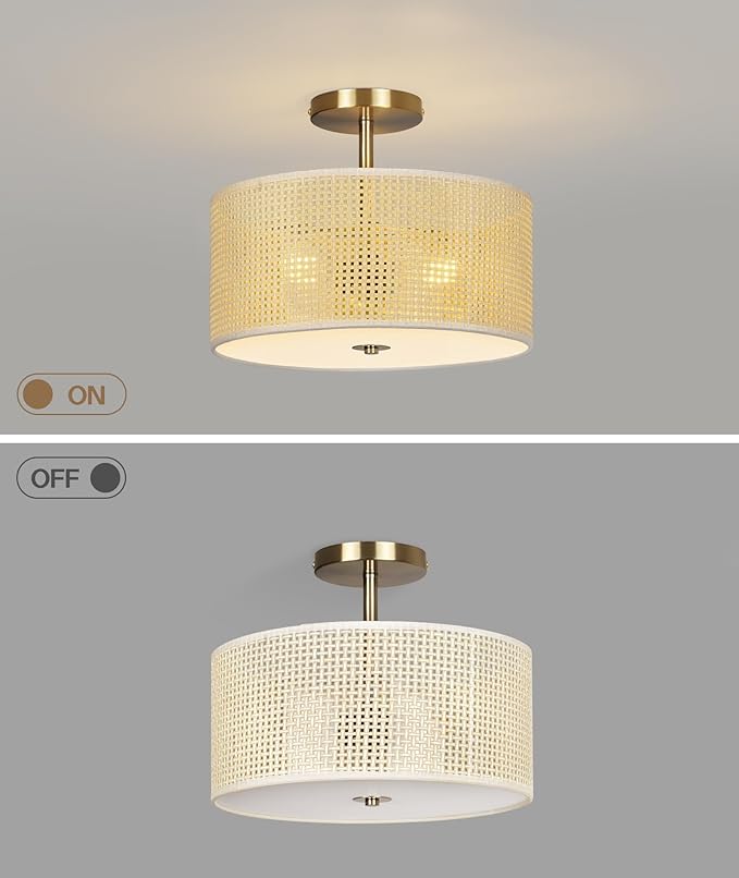 Rattan Ceiling Light Fixture, 13" Woven Drum Flush Mount Light with Gold Finish, 3-Light Boho Wicker Ceiling Lighting for Bedroom, Living Room, Farmhouse, Modern Room Decor