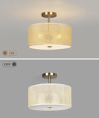 Rattan Ceiling Light Fixture, 13" Woven Drum Flush Mount Light with Gold Finish, 3-Light Boho Wicker Ceiling Lighting for Bedroom, Living Room, Farmhouse, Modern Room Decor