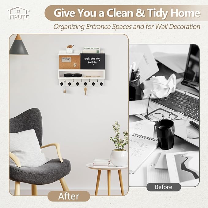 Key Holder for Wall Mount with Mail Organizer, Farmhouse Key Holder for Wall with Shelf, Chalkboard&Corkboard, Entryway Organizer 11 Metal Hooks, Decorative Natural Pine Wood, 14.6*11.1*3.3”, A-White