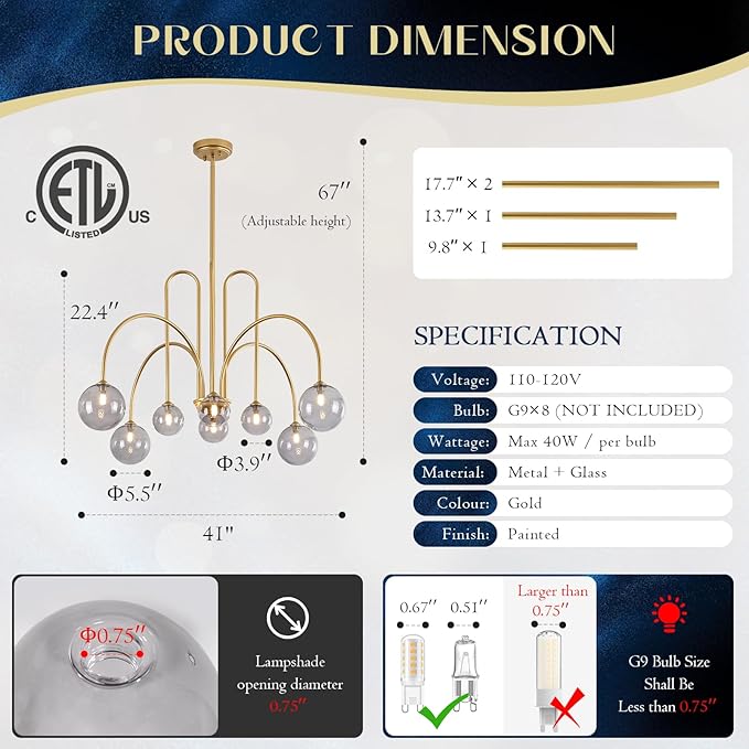 Modern Chandelier 8 Lights Gold Sputnik Light Fixture Large Luxury L41” Mid Century Smoke Glass Globe Ceiling Pendant Lighting for Foyer Staircase Living Dining Room Kitchen