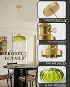 Vintage Glass Pendant Light，Green Flower Ceiling Pendant Light，Gold Adjustable Hanging Wire for Kitchen Island Dining Room Bedroom Hallway (10Inch - Green(D))