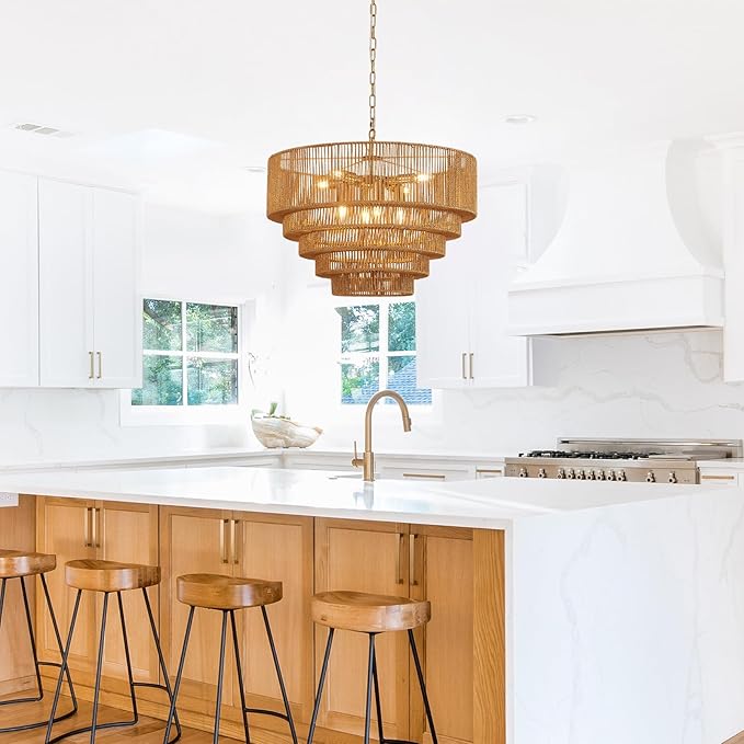 25.6" Large Rattan Chandelier Vintage 8-Lights Farmhouse Boho Hand-Woven Bamboo Chandelier Light Fixture Retro Drum Wicker Golden Chandeliers for Dining Room, Kitchen, Bedroom, E12