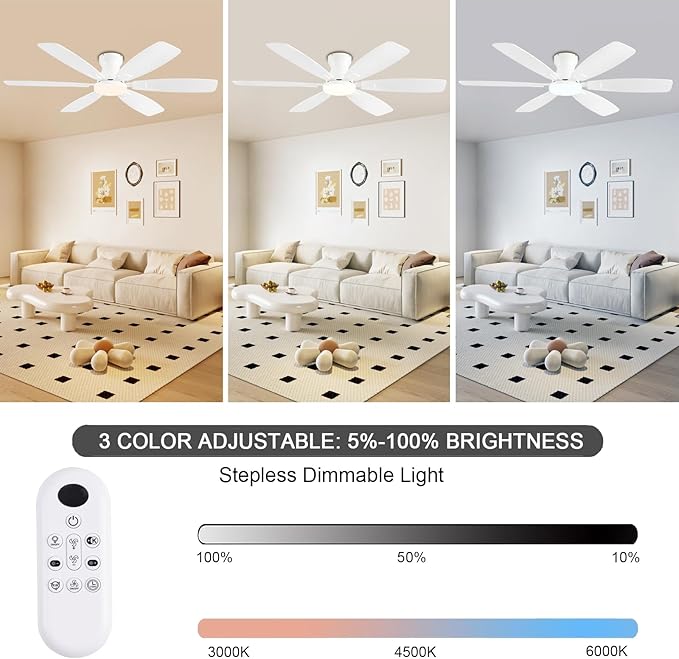 Ceiling Fans with Lights, 52 Inch Low Profile Ceiling Fan with Light and Remote Control, Flush Mount, Reversible, 3CCT, Dimmable, Quiet, White Ceiling Fan for Bedroom Indoor/Outdoor Use