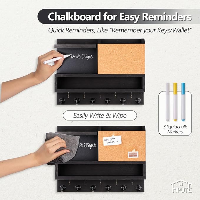 Key Holder for Wall Mount with Mail Organizer, Farmhouse Key Holder for Wall with Shelf, Chalkboard&Corkboard, Entryway Organizer 11 Metal Hooks, Decorative Natural Pine Wood, 14.6*11.1*3.3”, B-Black