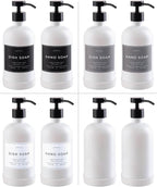 16oz Glass Soap Dispenser with Stainless Steel Pump, 21 Waterproof Labels, Non-Slip Protective Silicone Pad, Set of 2 for Bathroom & Kitchen (Matte White Bottle/Black Pump)
