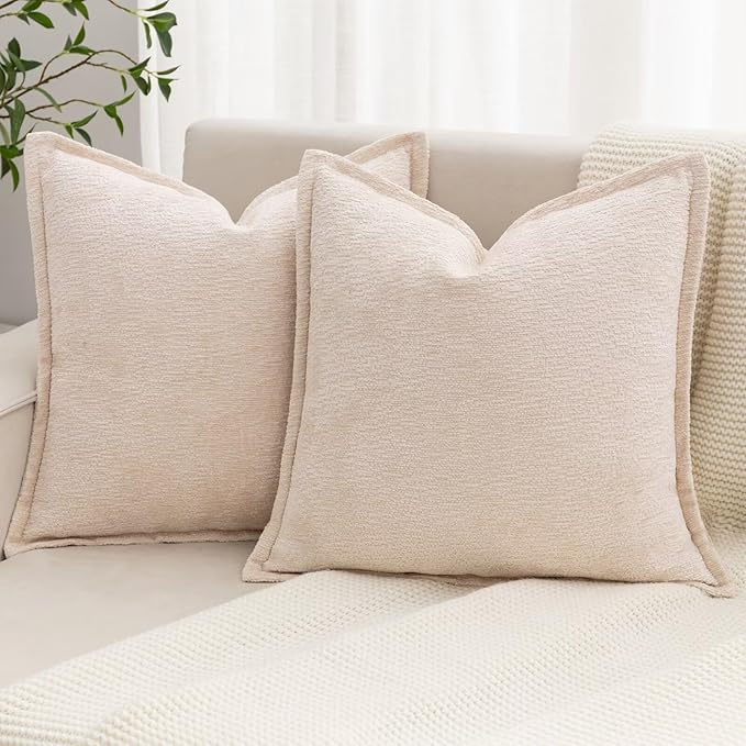 Beige Decorative Throw Pillow Covers 26x26 Inch Set of 2 Cozy Soild Chenille Cushion Cases Soft Textured Square Couch Pillows Cover Boho Accent Farmhouse Pillowcases for Sofa Bed