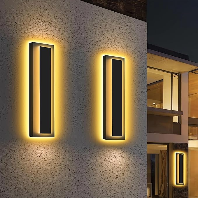 Picico 2pc 12in Modern LED Outdoor Wall Lights, Dimmable Black Exterior Wall Sconce Lighting Fixtures, Rectangular Mini Outdoor Garage Lights, 360° Beam Angle,Vertical Outdoor Lights for House Porch