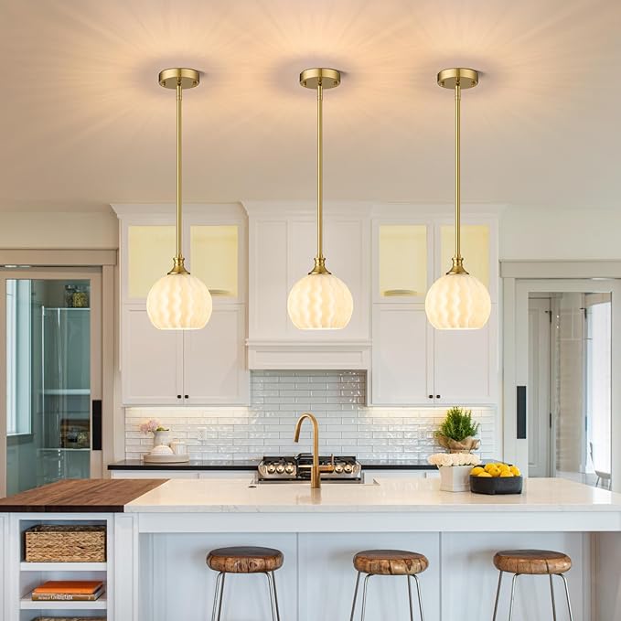 Brushed Gold Pendant Lights Kitchen Island, 1-Light 7.3" Modern Milk Glass Pendant Light Fixtures with Rods, Globe Hanging Lighting for Kitchen Sink Bathroom Dining Room, E26 Base